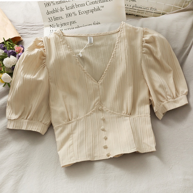 Áo kiểu nữ đẹp bánh bèo tiểu thư Hàn Quốc sexy crotop tay phồng mùa hè AKN004