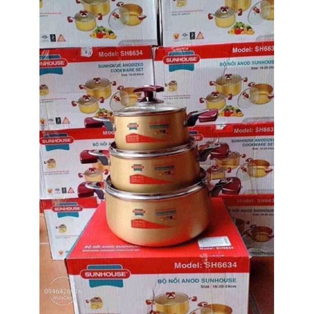 Bộ nồi Sunhouse màu vàng mã 6634( 3 chiếc)