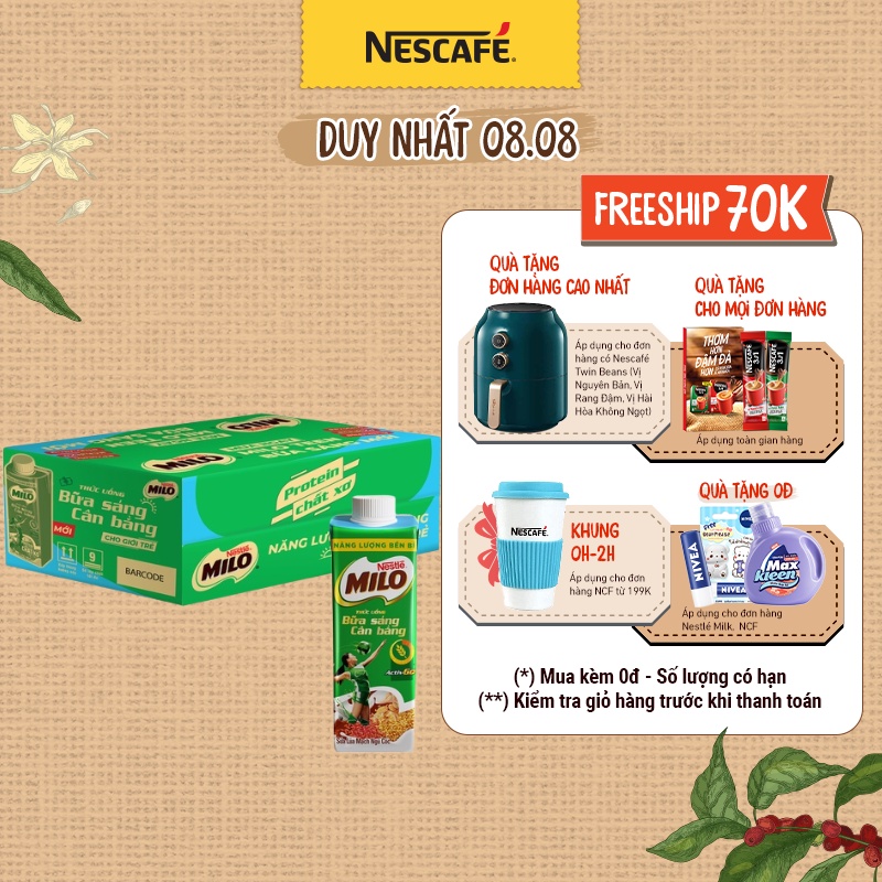 Thùng 24 hộp sữa lúa mạch ngũ cốc Nestlé MILO teen bữa sáng ít đường 200 ml/hộp