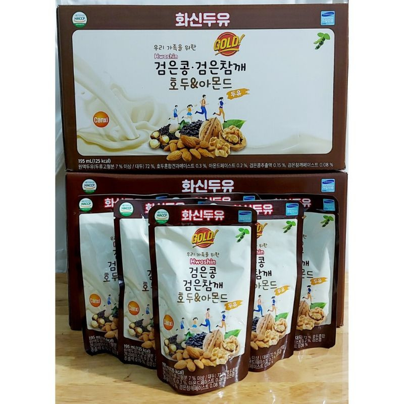 1 lốc sữa đậu đen hạnh nhân óc chó Hàn Quóc Hwashin (20 bịch 195ml/bịch)