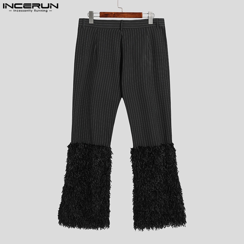 Quần dài INCERUN dáng rộng phối lông vũ phối họa tiết kẻ sọc thời trang cổ điển