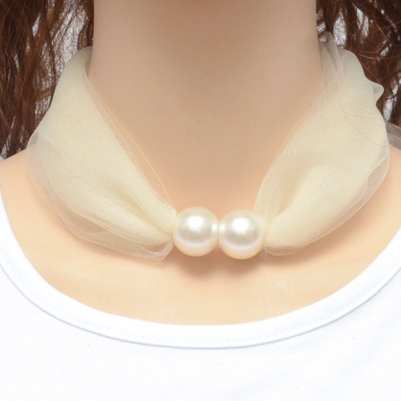 BTF Thin Mesh Lace Pearls Ring Scarf Pure Color Necklace Women Scarf Mother's Day Gifts