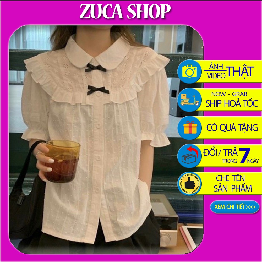 Áo sơ mi kiểu trắng tiểu thư cộc tay đính nơ  - Áo sơ mi trắng viền bèo Zuca Shop | BigBuy360 - bigbuy360.vn