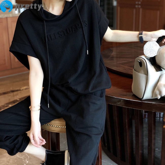 Set đồ thể thao 2 món gồm áo thun tay ngắn và quần dài có túi thời trang cho nữ