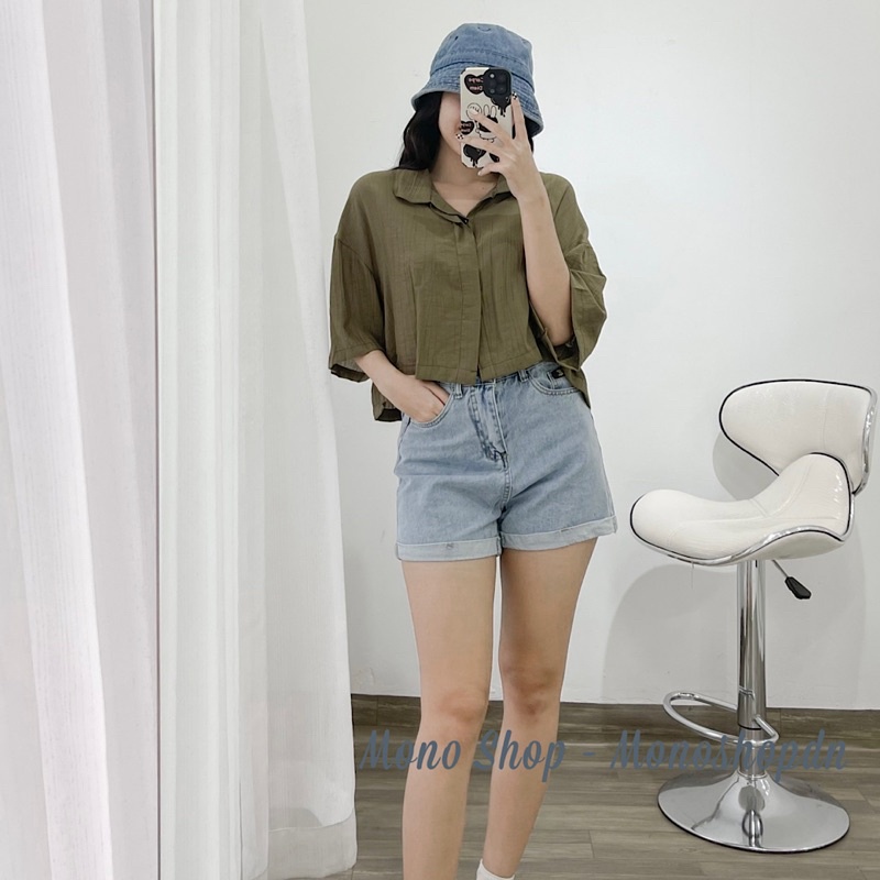 Áo sơ mi croptop linen cổ bẻ dáng dơi Ảnh thật/ sẵn