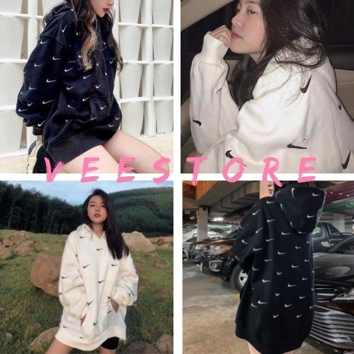 Áo hoodie nam nữ tay bồng full logo NI phom rộng / Áo nỉ có mũ dáng thụng 2 màu mặc đi học đi chơi_veestore