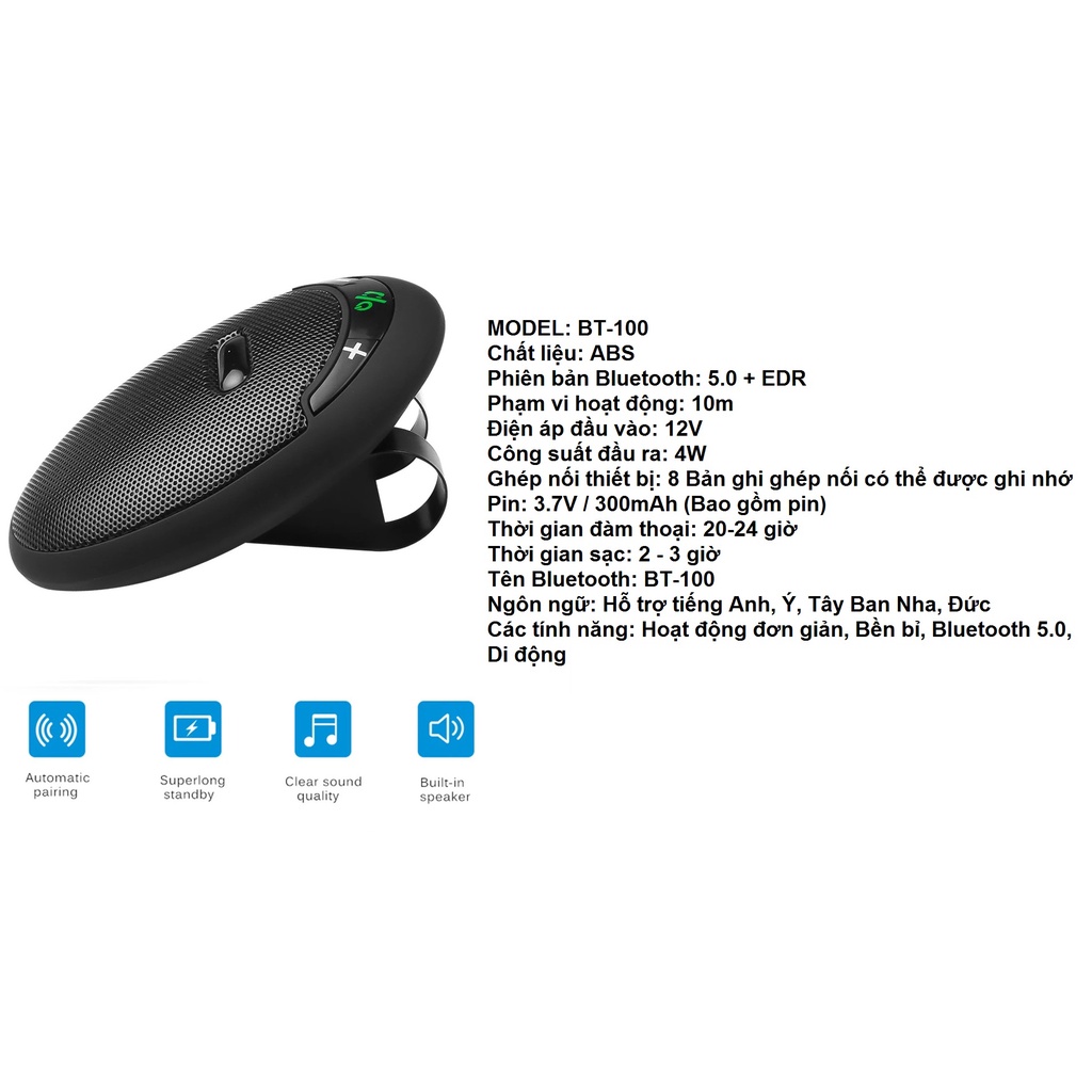 LOA BLUETOOTH 5.0 XE HƠI MT001, BLUETOOTH HANDS FREE KIT, CAR WIRELESS HANDFREE BT100