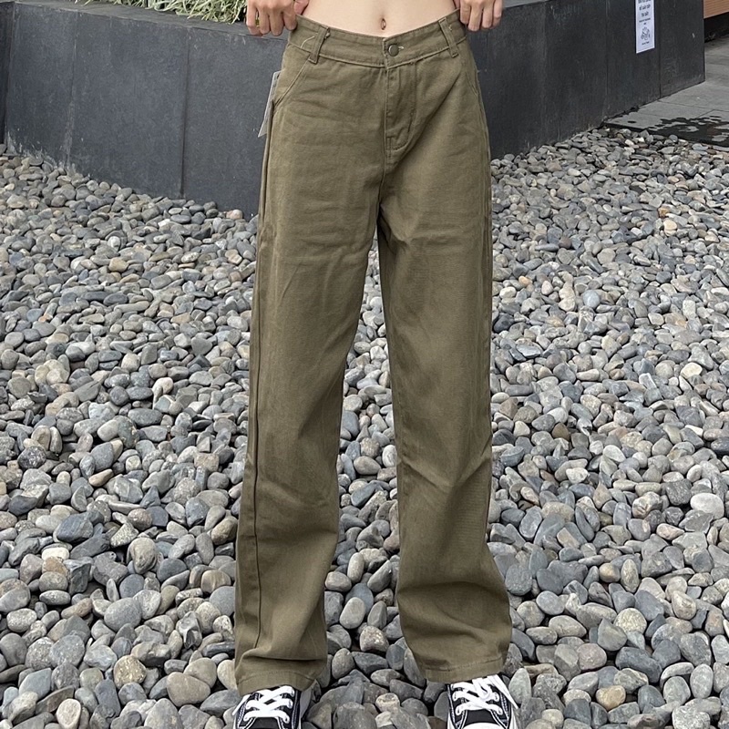 Quần kaki jean xanh rêu ống rộng,dáng suông phong cách Ulzzang hàn quốc nặng động trẻ trung-Minxy shop