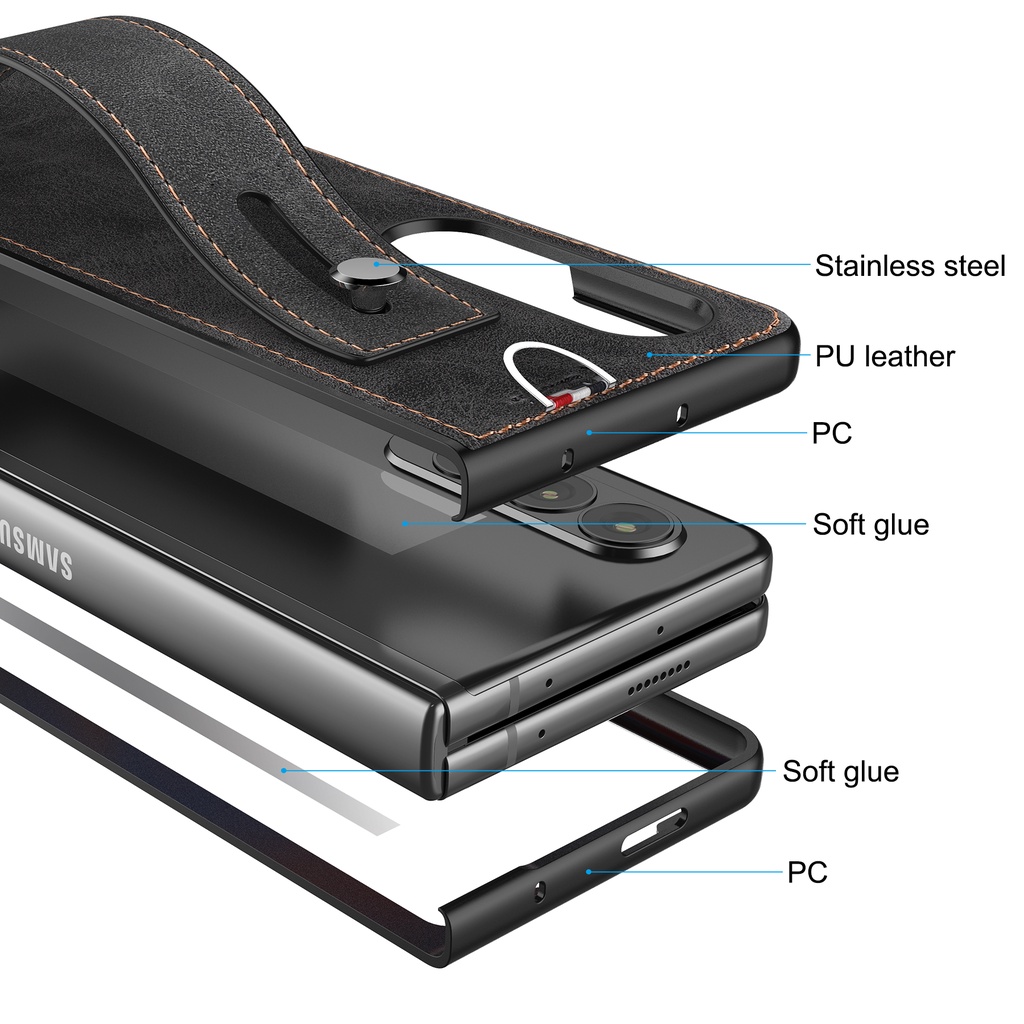 Ốp điện thoại da siêu nhẹ chống sốc có dây đeo tay cho Samsung Galaxy Z Fold 3 5G