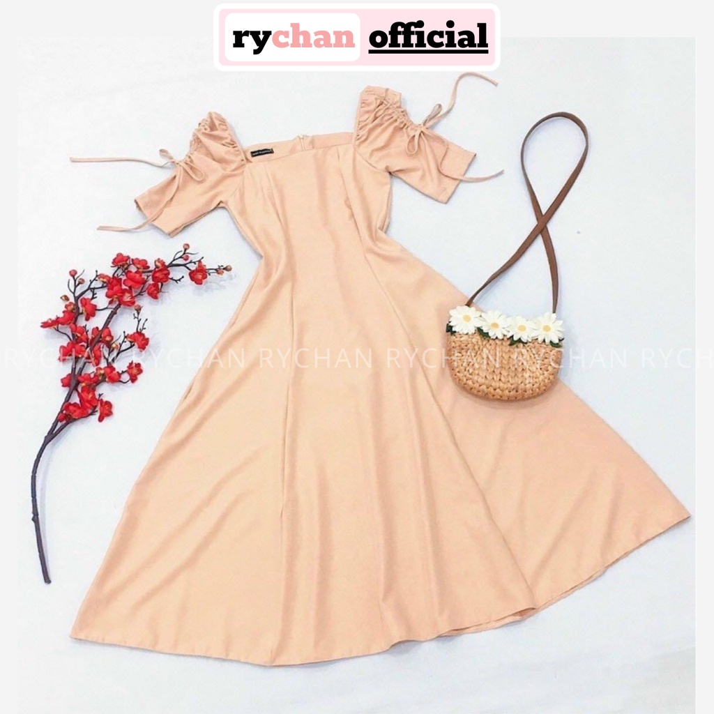 Đầm Đi Chơi Dáng Dài Xòe Cổ Vuông Tay Lửng Rút Bo Eo Khí Chất Màu Đỏ Kem Trắng Đen [ẢNH THẬT CUỐI] - DX9812
