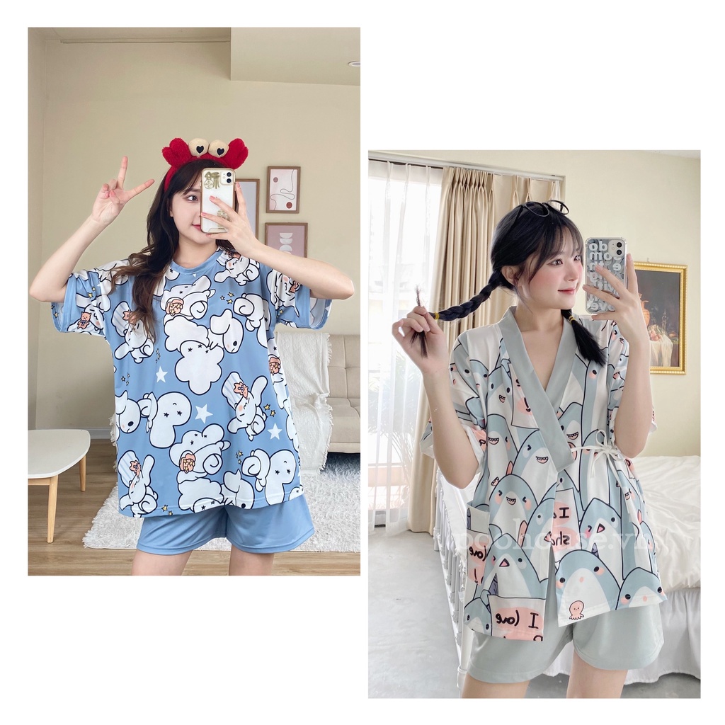 Combo kimono Cá mập + Bộ ngủ Bunny | Bộ đồ mặc nhà Pijama kimono ngủ chất liệu cotton, đồ ngủ kiểu Nhật - Poohouse