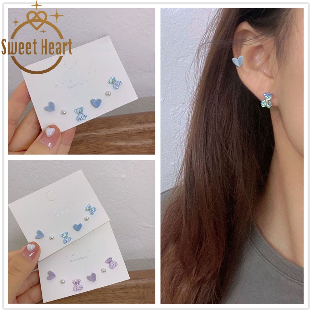 Set 3 hoa tai mạ bạc 925 đính ngọc trai giả kiểu gấu dễ thương thời trang cho nữ