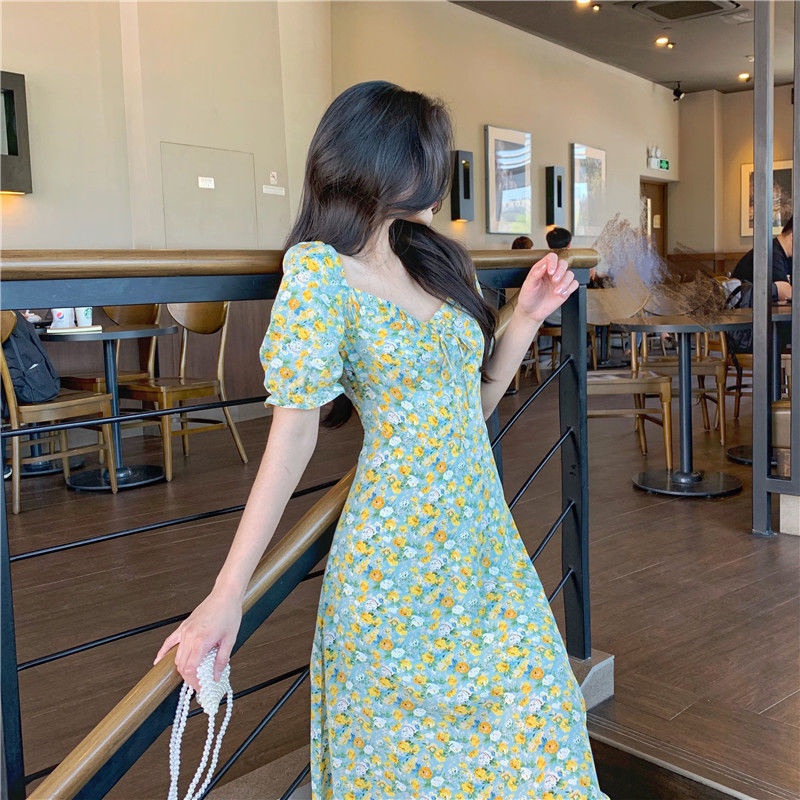 Váy xanh bơ đầm bigsize nữ đầm tay phồng đầm nữ váy hoa nhí cổ vuông đầm dài đầm vintage đầm đi tiệc váy đi chơi đầm dự tiệc sang trọng