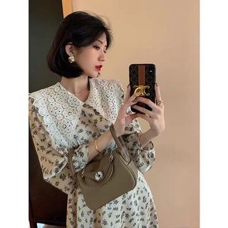 Tea break French long-sleeved dress Women's 2022 autumn new retro style lace doll collar long broken flower dress