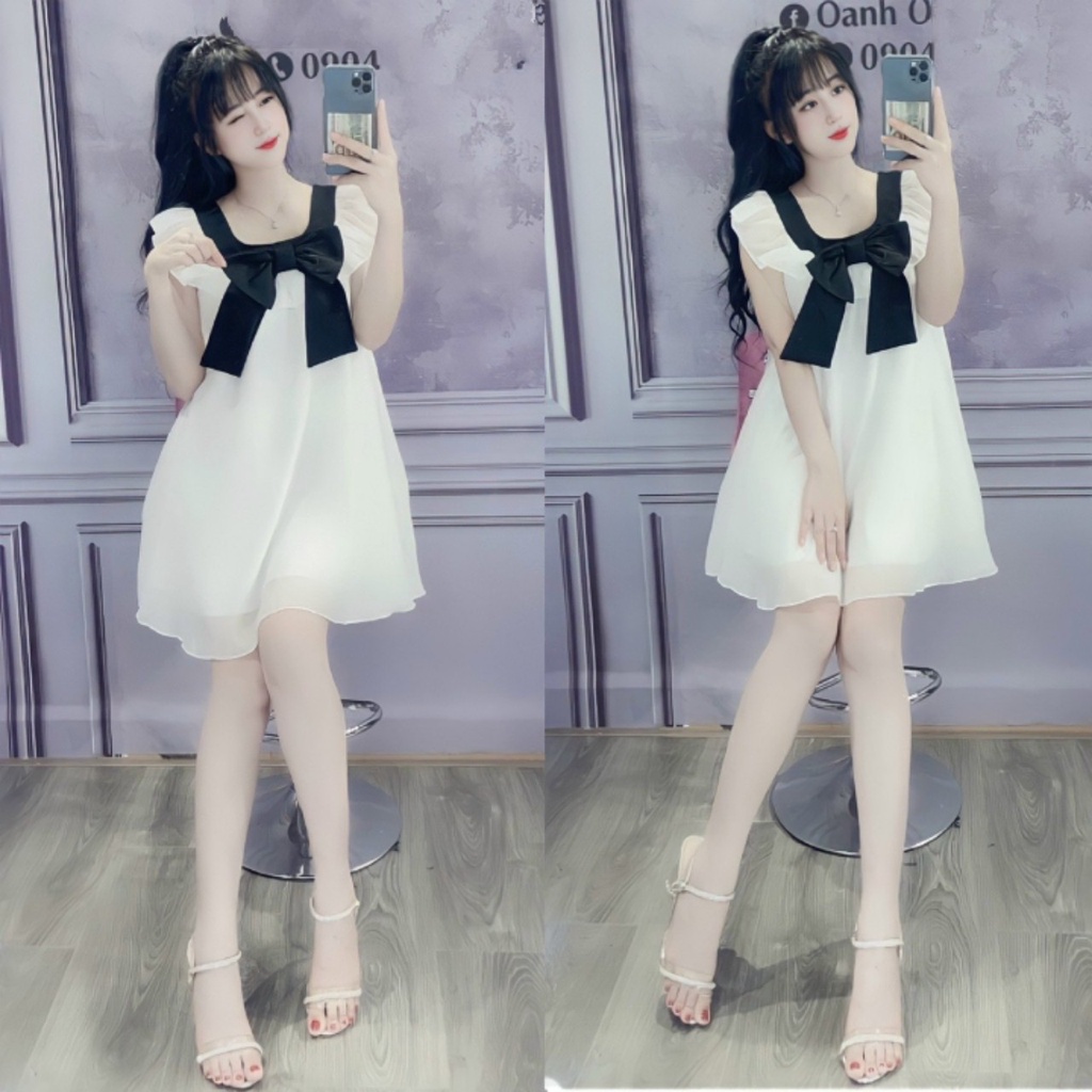 Váy đầm babydoll 2 lớp bèo vai phối nơ đen