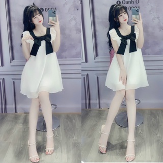Váy đầm babydoll 2 lớp bèo vai phối nơ đen