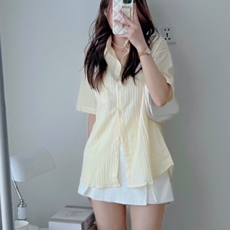 Áo sơ mi nữ form rộng tay ngắn gân sọc dây buộc lưng phong cách Hàn Quốc DUMI