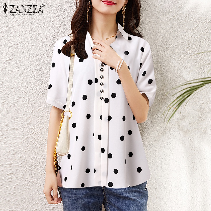 ZANZEA Áo Sơ Mi Nữ Tay Ngắn Cổ Bẻ Họa Tiết Chấm Bi Thời Trang