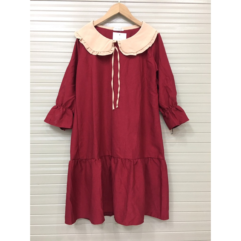 đầm suông đuôi cá dài tay cổ bèo phối màu thắt nơ 2 màu dễ thương | BigBuy360 - bigbuy360.vn