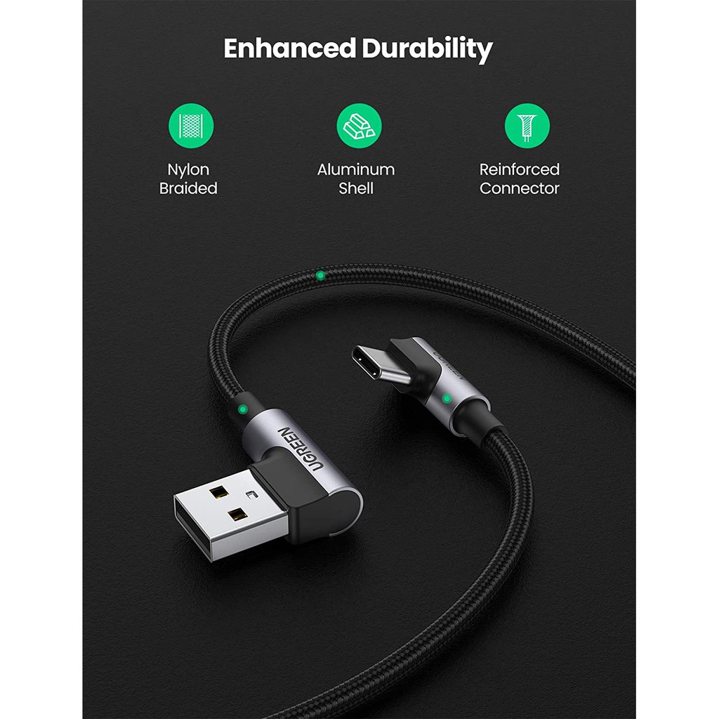 Cáp sạc bẻ góc 90 độ USB 2.0 sang USB type C dây bện dài 0.5-2m UGREEN US176