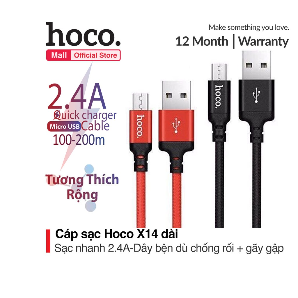 Cáp sạc nhanh Micro Hoco X14, hỗ trợ truyền dữ liệu, sạc nhanh 2A, dành cho Android phone, dài 1m/2m