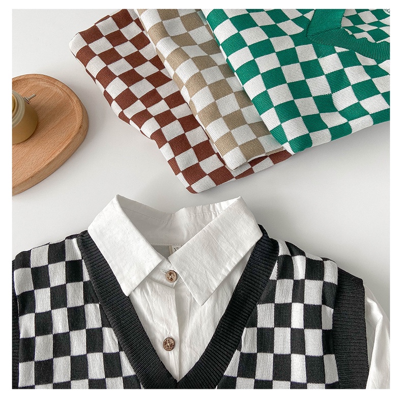 Áo len không tay cổ chữ v form rộng họa tiết sọc caro phong cách Hàn quốc