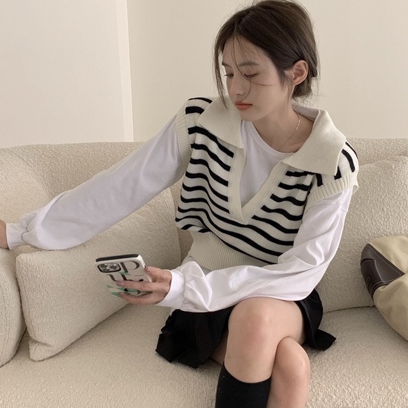 Áo dệt kim ZHELIHANGFEI sát nách lưng cao kẻ sọc cá tính dễ phối đồ