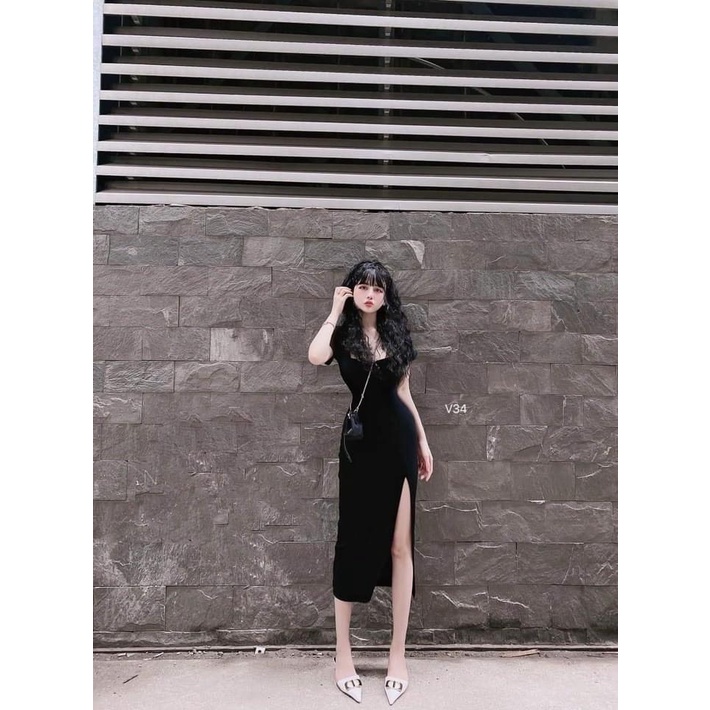 Đầm body xẻ tà cổ vuông cực tôn dáng, váy dáng dài chất thun gân co giãn tốt, phù hợp diện mọi hoàn cảnh | BigBuy360 - bigbuy360.vn