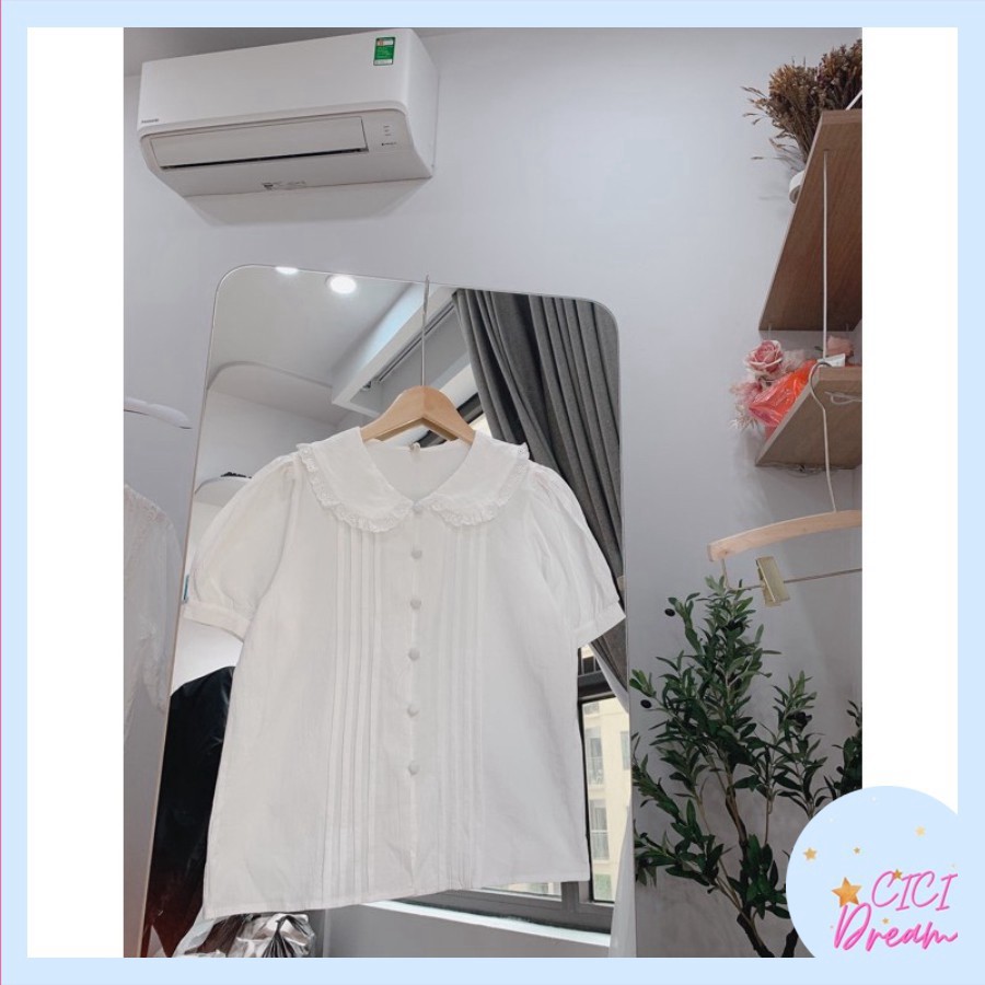 Áo sơ mi nữ trắng cộc tay bồng, cúc bọc cổ sen, Áo sơ mi trắng cộc tay cúc bọc cổ bèo ngắn tay bo [AMANDA] | BigBuy360 - bigbuy360.vn