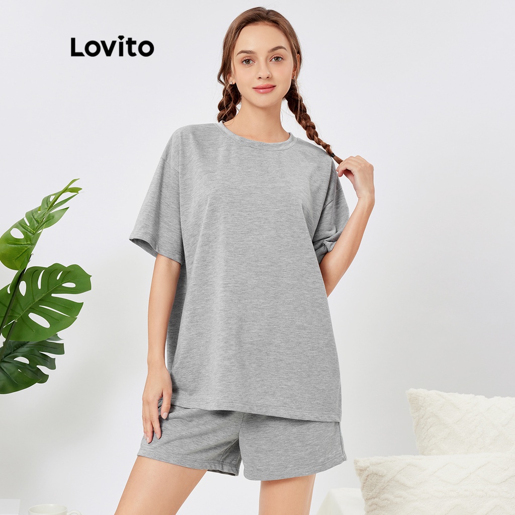 Bộ đồ ngủ Lovito thường ngày màu trơn cơ bản kích thước lớn L26AD087 (màu xám)