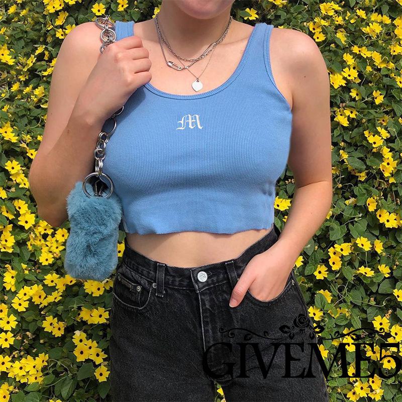 Áo croptop hai dây dệt kim thêu chữ gợi cảm cho nữ