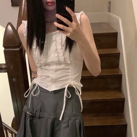 Áo vest màu trắng dây rút ren tươi mát phong cách nữ sinh | BigBuy360 - bigbuy360.vn