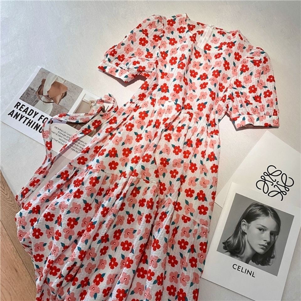 Đầm Dáng Dài Tay Phồng In Họa Tiết Hoa Nhỏ Xinh Xắn Thời Trang Pháp 2022