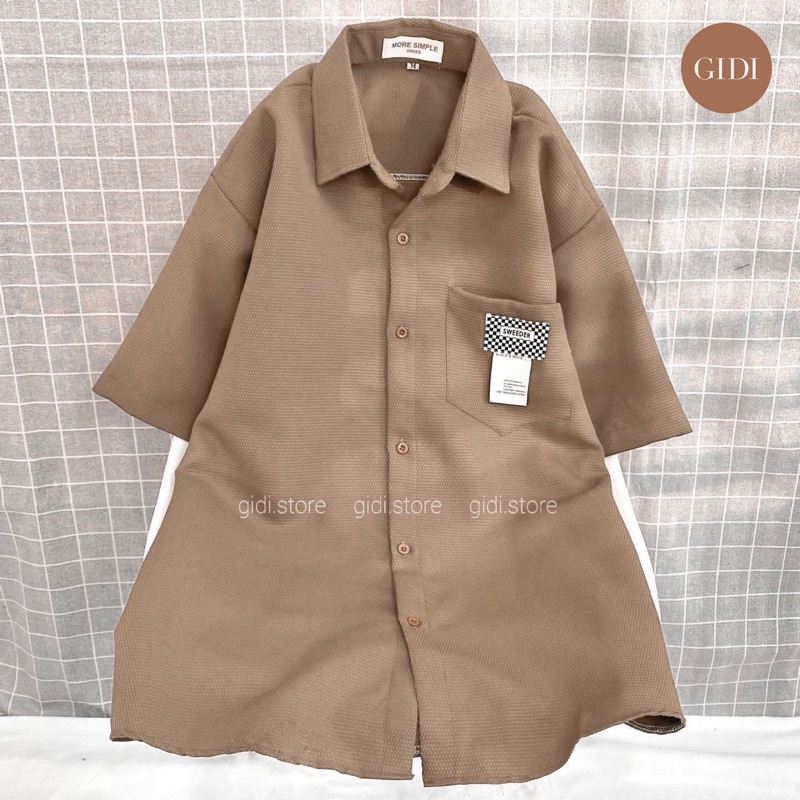 Áo sơ mi MIN SWEEDER Tay lỡ Nam Nữ Unisex màu đen/ trắng/ nâu Form Rộng vải nhung tăm dày dặn Phong Cách Ulzzang - GIDI