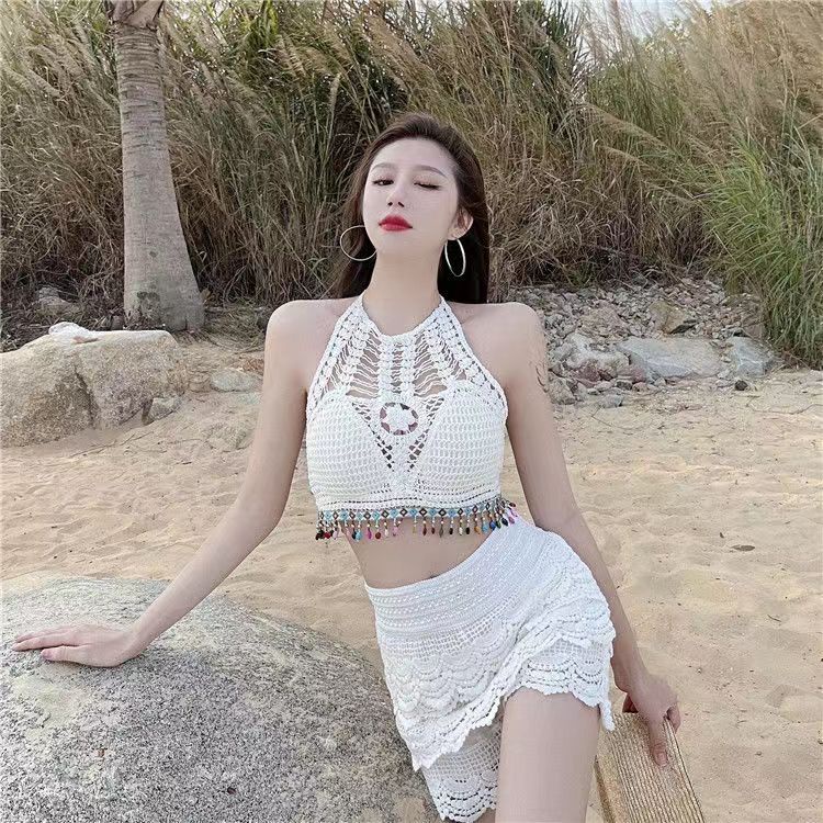 Đồ bơi 3 mảnh bikini đi biển sexy váy bơi nữ len móc cá tính kín đáo