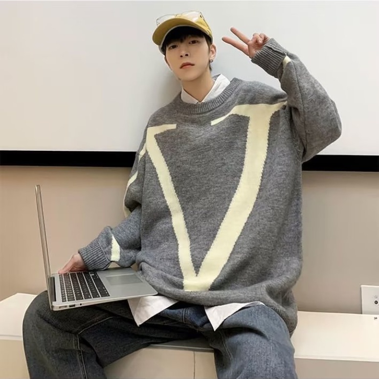 Áo sweater Dệt Kim Tay Dài Cổ Tròn In Họa Tiết Đơn Giản Thời Trang Hàn Quốc Cho Nam Nữ Áo len nam dài tay giản dị