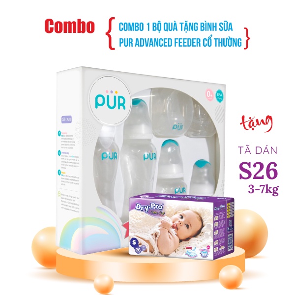 Bộ quà tặng Bình sữa Pur Advanced Feeder cổ thường  60ml, 125ml, 250ml + Tặng 1 gói tã bỉm cho bé