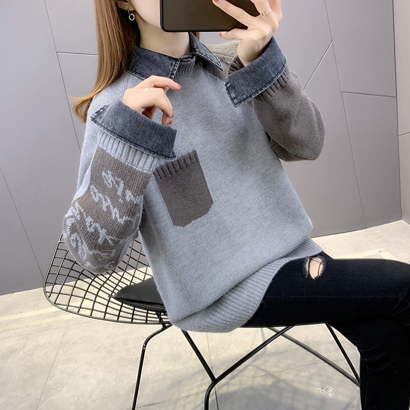 ZHELIHANGFEI Áo Sweater Giả Hai Lớp Dáng Rộng Phong Cách Phương Tây