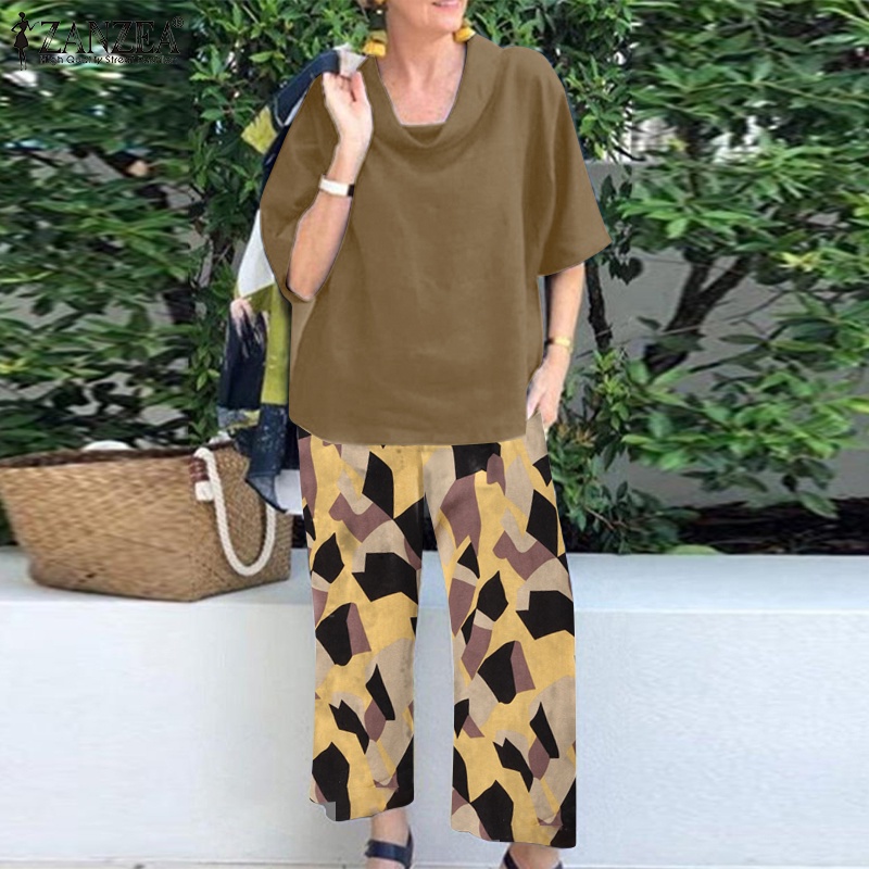 Zanzea Set Áo Cổ Lọ Tay Lỡ Họa Tiết Hình Học Kèm Quần Dài Lưng Thun Cao Thời Trang