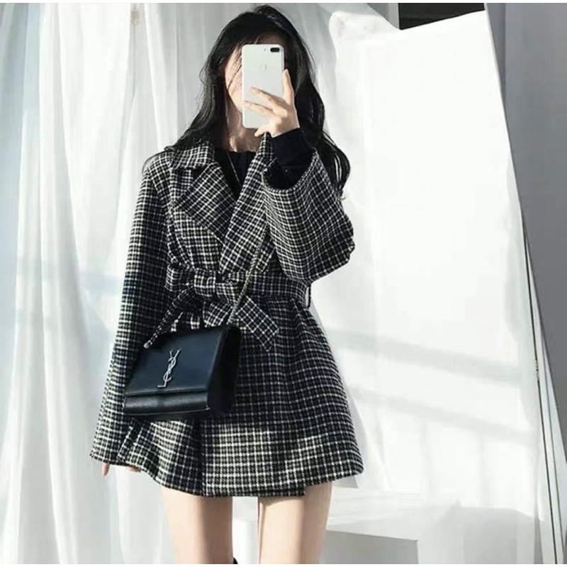 [HÀNG SẴN]ÁO KHOÁC DẠ TWEED kẻ caro kèm đai thắt eo 2 lớp cực xinh