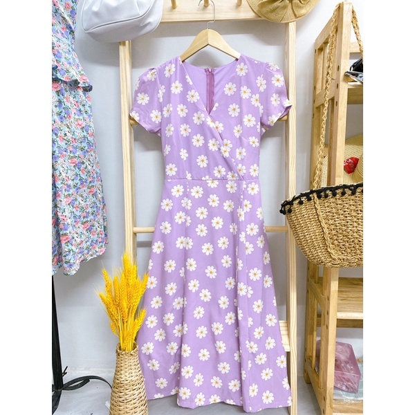 Thanh lý đầm tím hoa cúc, đầm 2 dây Maybi