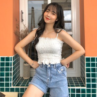 ÁO CROPTOP NHÚN 2 DÂY BUỘC NƠ TRẮNG ĐEN TÍM NÂU - ÁO 2S NHÚN BÈO