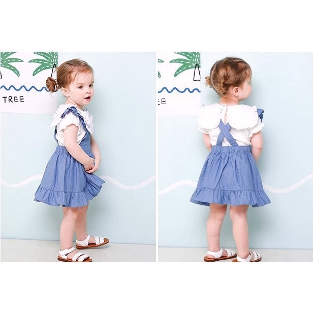 Sét bộ bé gái xuất Hàn Milk Mile yếm jean giấy kèm áo trắng cổ hoa (BO470)