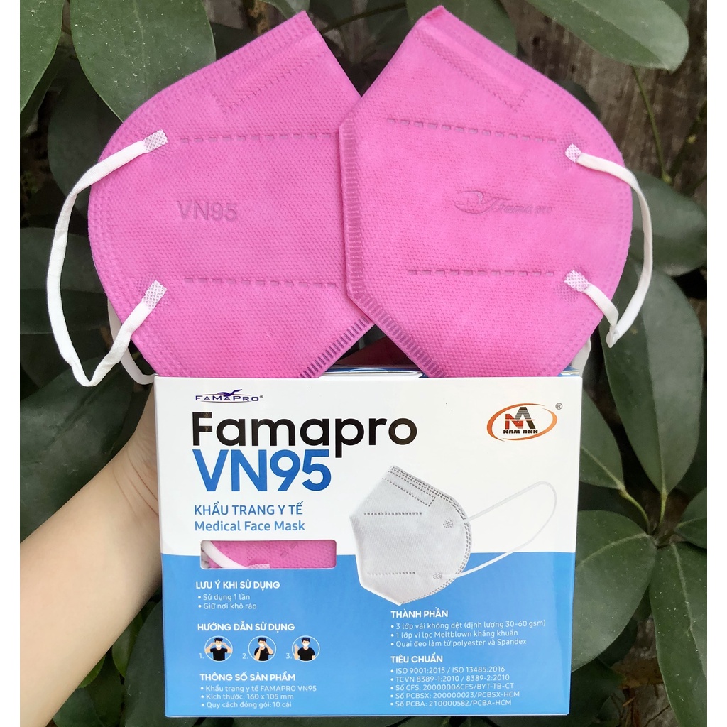 Khẩu trang Nam Anh VN95 FAMAPRO kháng khuẩn 10 cái/ hộp màu Trắng / Xanh / Xám / Rêu / Đen / Vàng Nhạt / Hồng