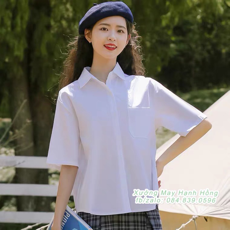 Áo sơ mi nữ tay lỡ túi ngực, Áo sơ mi cộc tay trơn 5 màu oversize