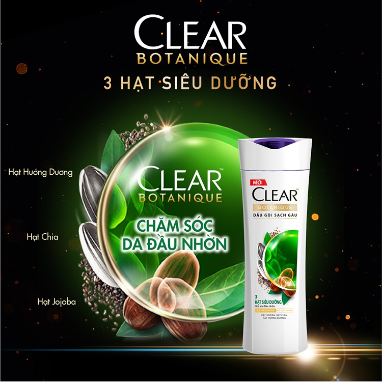 Dầu gội sạch gàu Clear Botanique 3 hạt siêu dưỡng cho da nhờn 180g