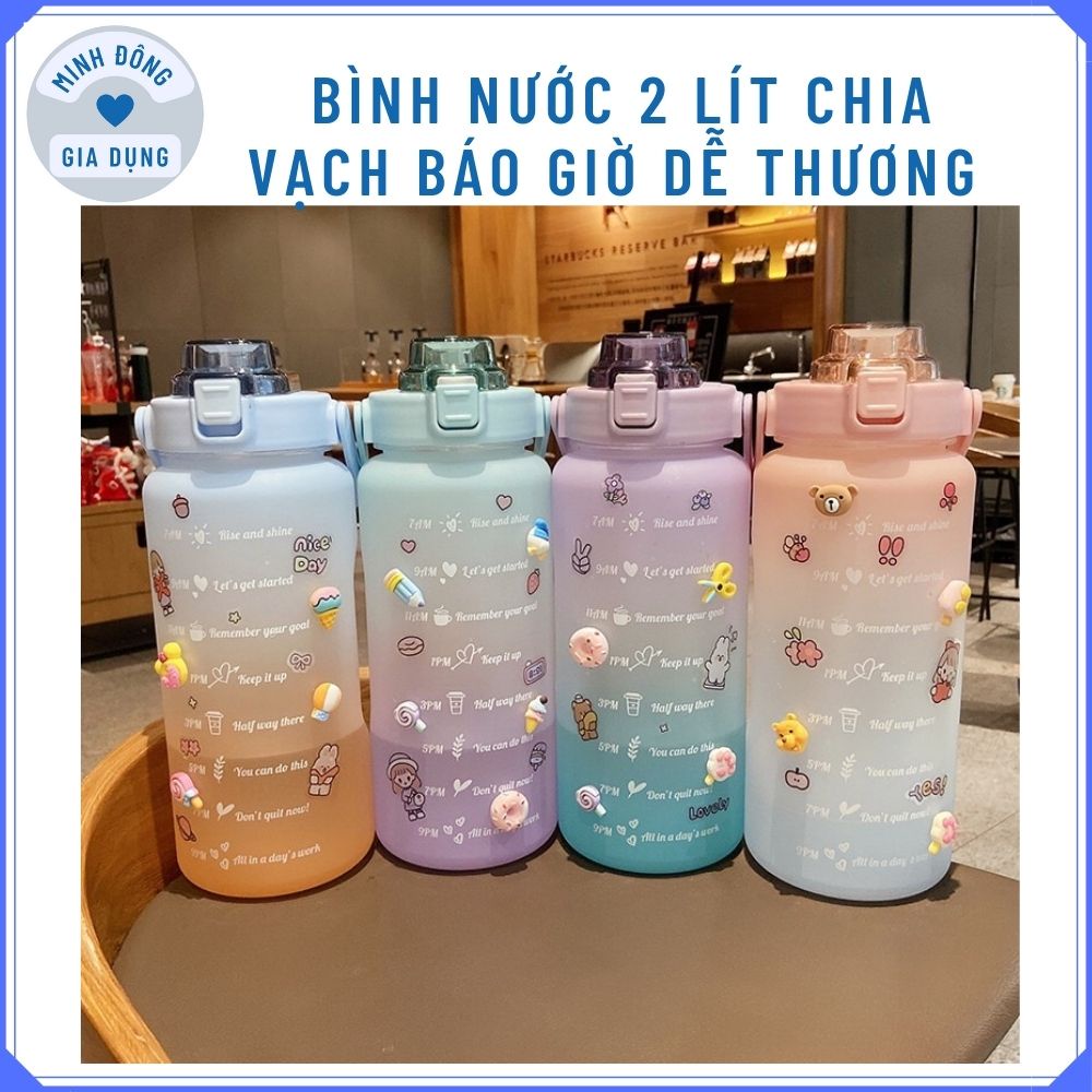 Bình nước 2 lít cute chia vạch báo giờ uống nước dễ thương, Bình đựng nước 2 lít có vòi dành cho người tập Gym