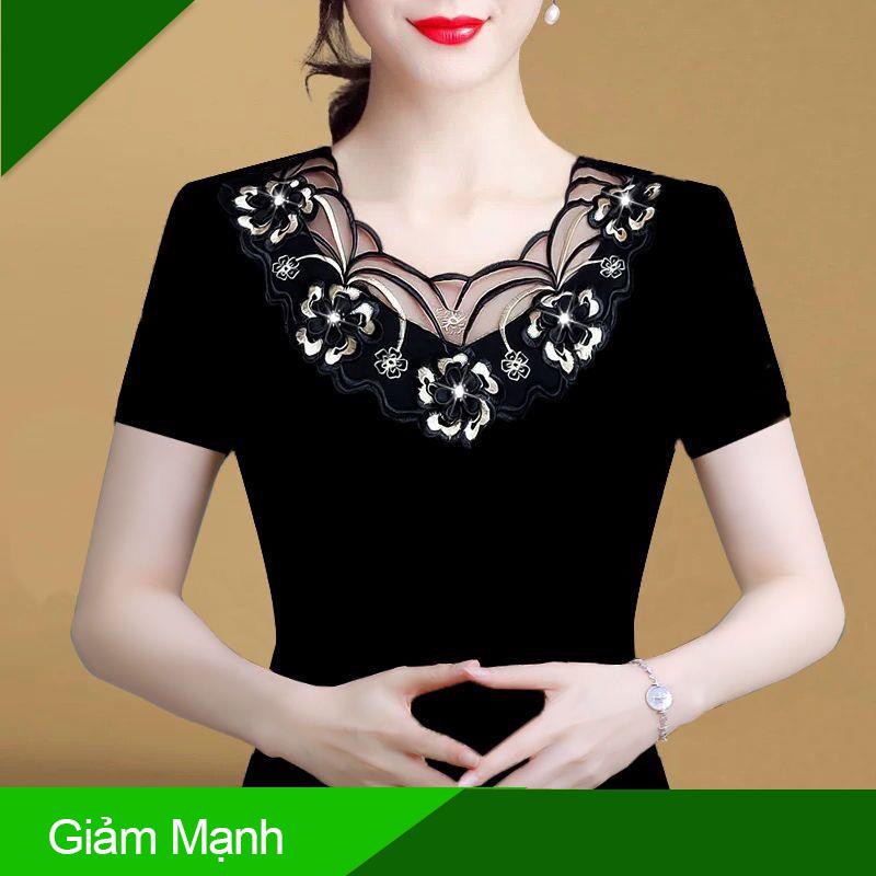 (Giảm Mạnh) Áo kiểu tay ngắn phối ren lưới khoét lỗ thanh lịch có size lớn cho phụ nữ trung niên