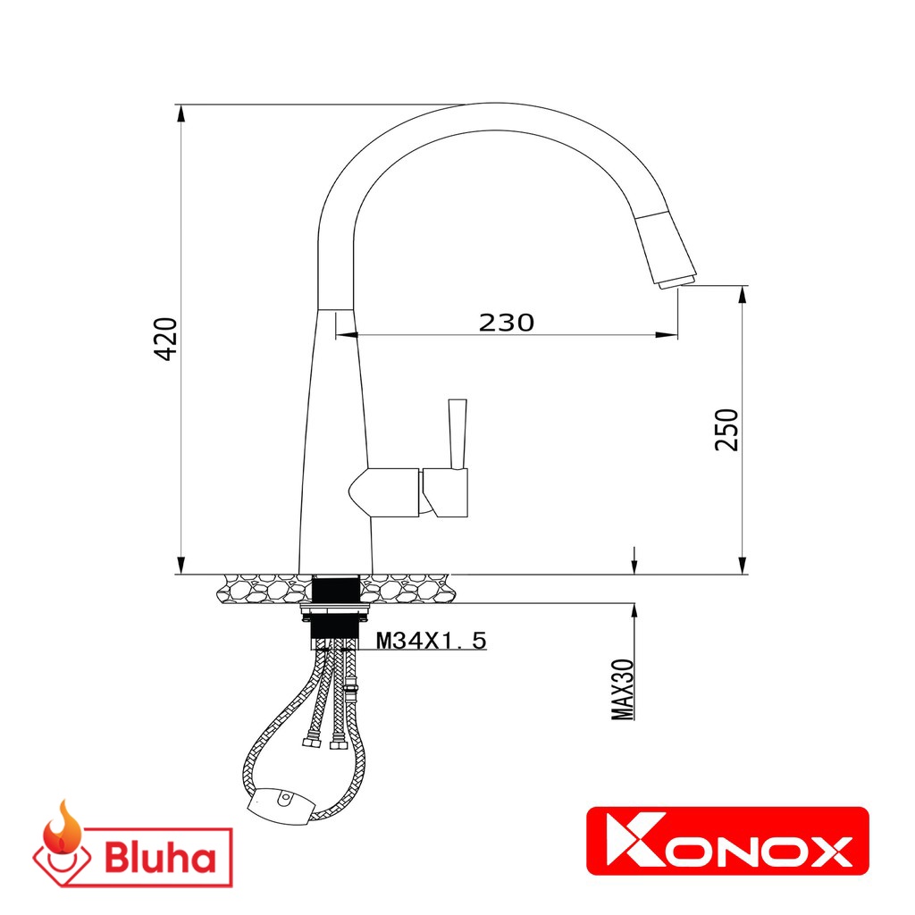 Vòi rửa bát dây rút KONOX KN-1901B tiêu chuẩn Châu Âu, 2 đường nước