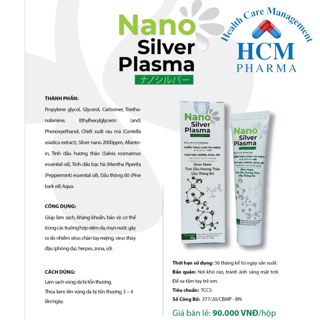 Hỗ trợ tay chân miệng ở trẻ em kem bôi da NANO SILVER PLASMA tuýp 30g dùng khi thủy đậu, sởi, zona HCM PHARMA DHG10